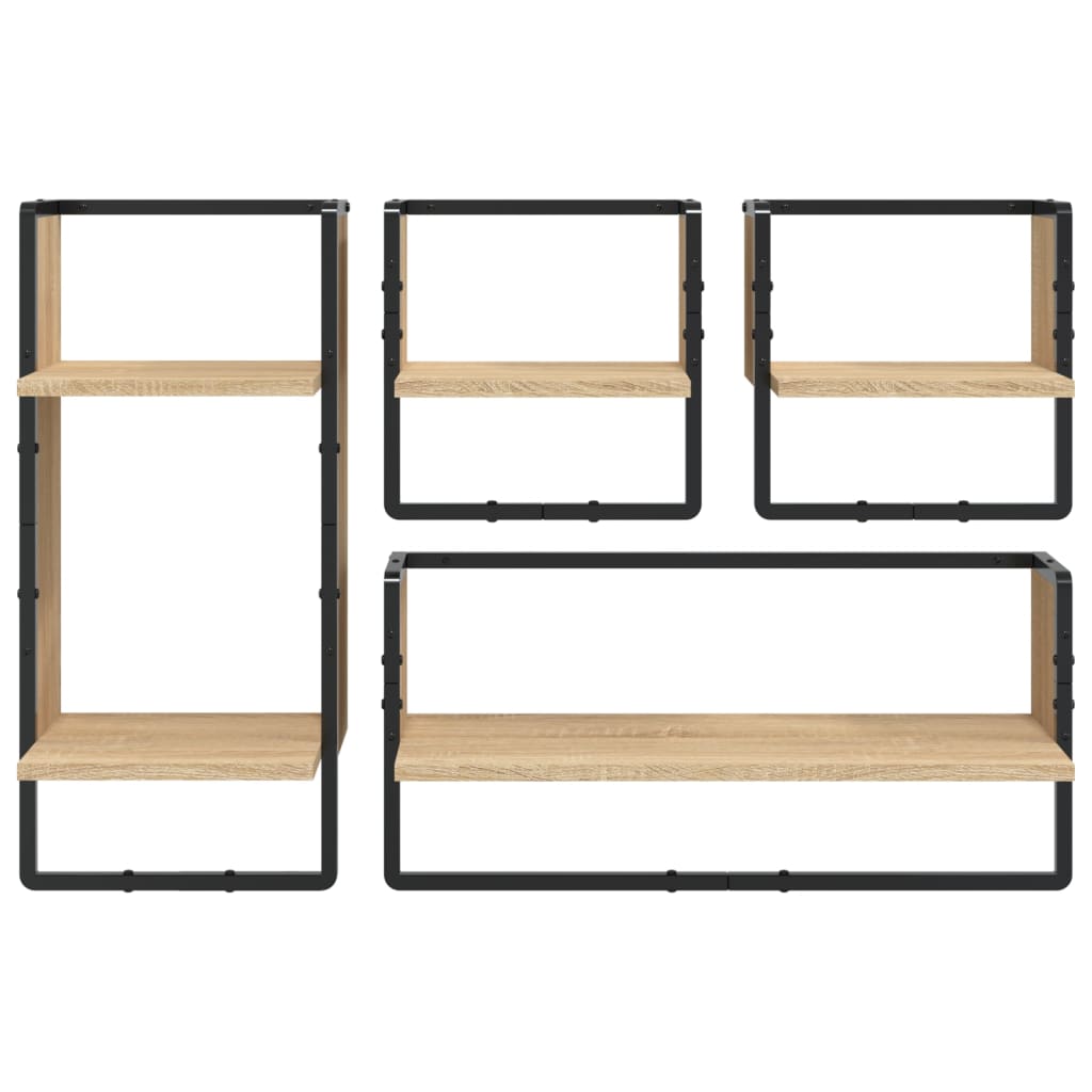 4-delige Wandschappenset met stangen bewerkt hout sonoma eiken is nu te koop bij PeponiXL, paradijselijk wonen!