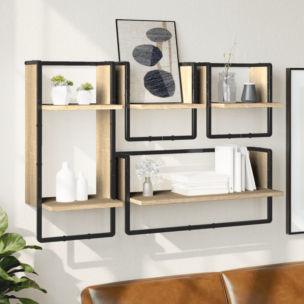 4-delige Wandschappenset met stangen bewerkt hout sonoma eiken is nu te koop bij PeponiXL, paradijselijk wonen!