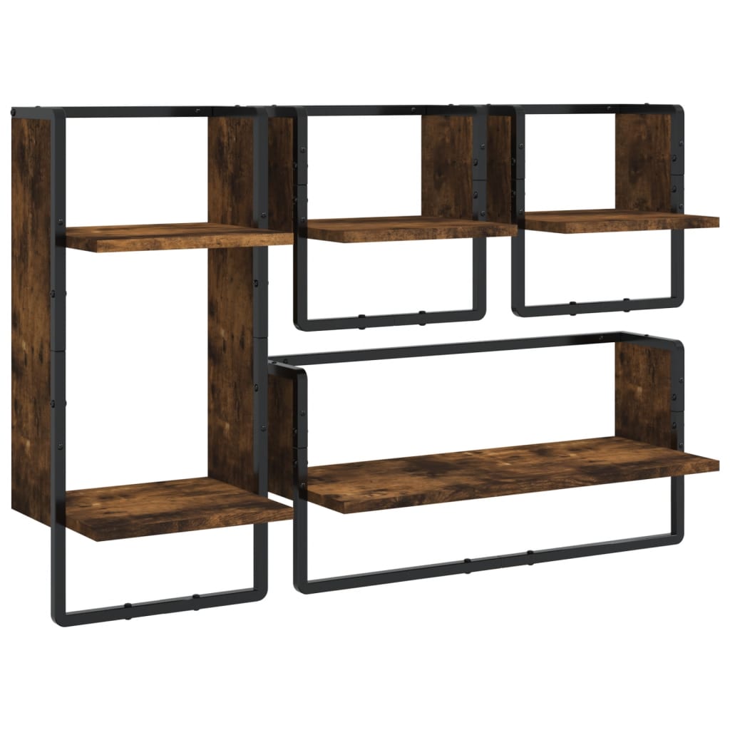 4-delige Wandschappenset met stangen bewerkt hout gerookt eiken is nu te koop bij PeponiXL, paradijselijk wonen!