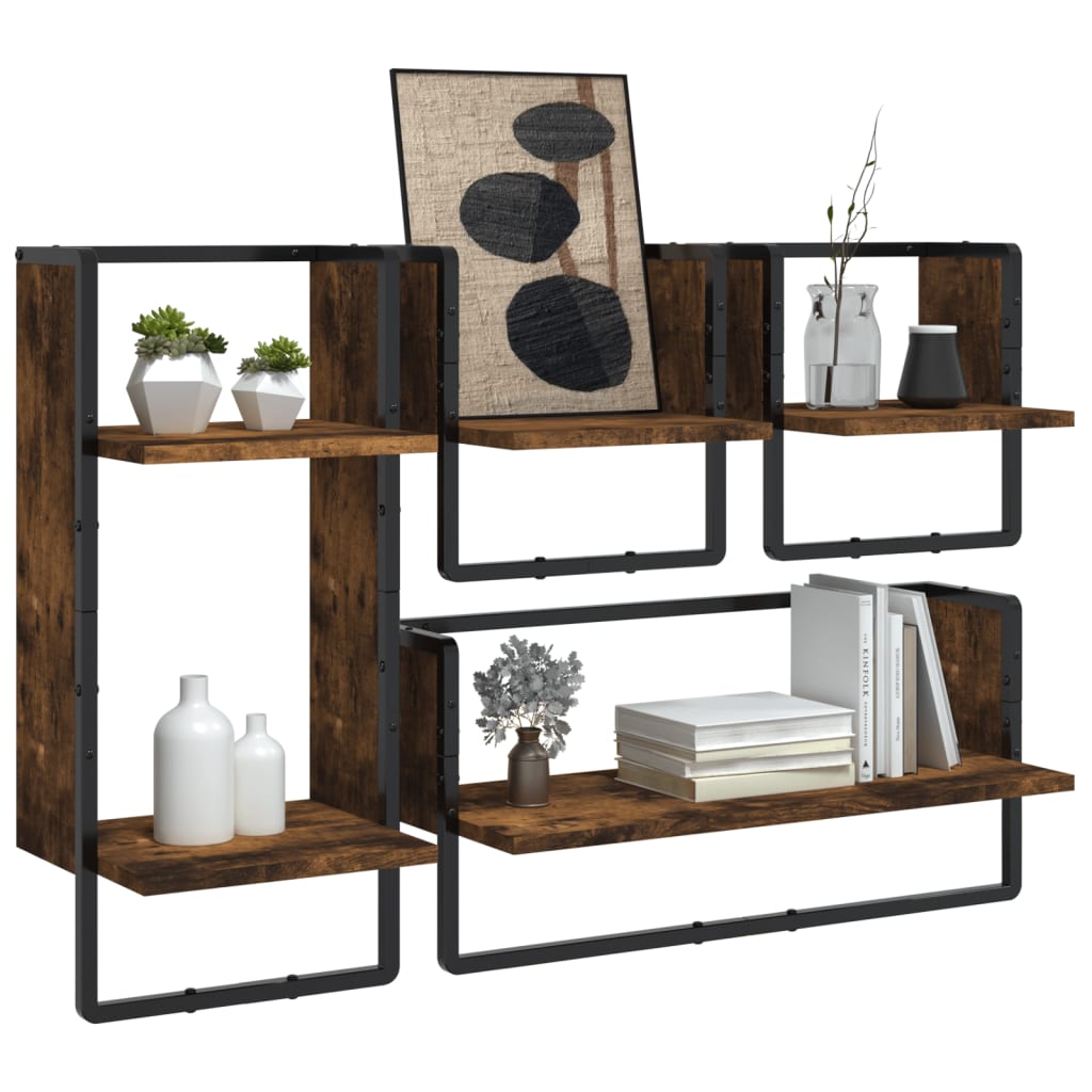 4-delige Wandschappenset met stangen bewerkt hout gerookt eiken is nu te koop bij PeponiXL, paradijselijk wonen!