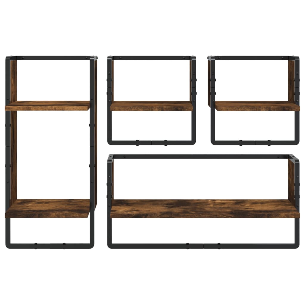 4-delige Wandschappenset met stangen bewerkt hout gerookt eiken is nu te koop bij PeponiXL, paradijselijk wonen!