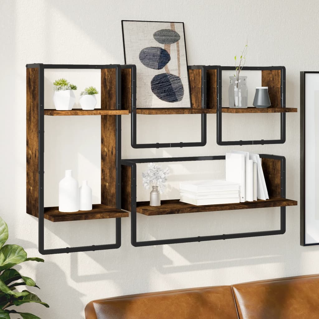 4-delige Wandschappenset met stangen bewerkt hout gerookt eiken is nu te koop bij PeponiXL, paradijselijk wonen!