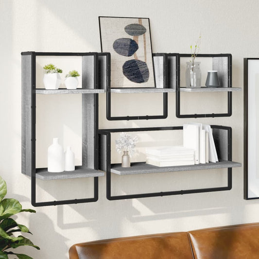 4-delige Wandschappenset met stangen bewerkt hout grijs sonoma is nu te koop bij PeponiXL, paradijselijk wonen!