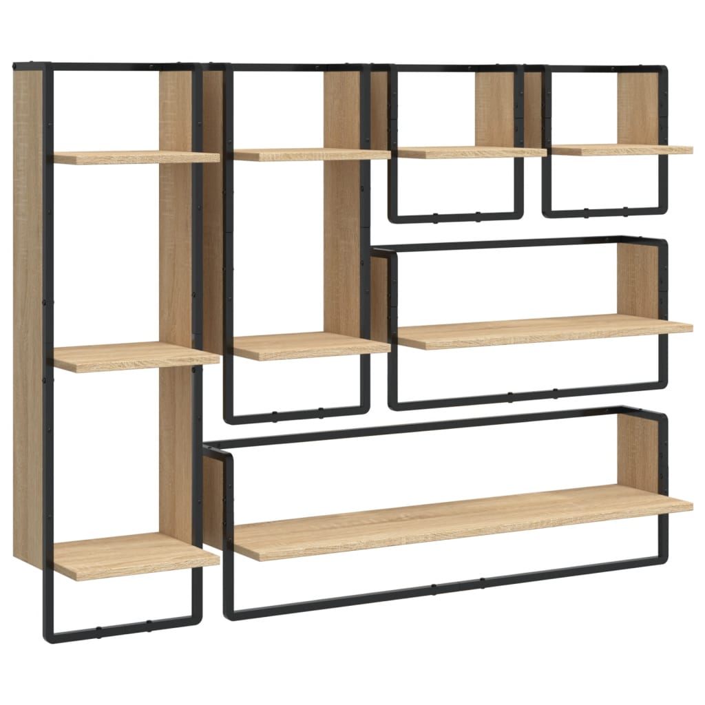 6-delige Wandschappenset met stangen bewerkt hout sonoma eiken is nu te koop bij PeponiXL, paradijselijk wonen!