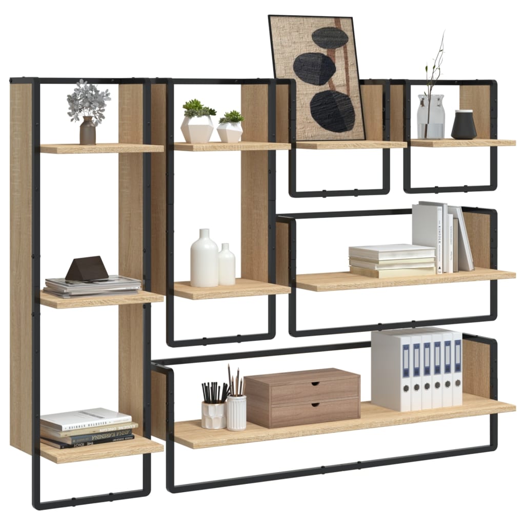 6-delige Wandschappenset met stangen bewerkt hout sonoma eiken is nu te koop bij PeponiXL, paradijselijk wonen!