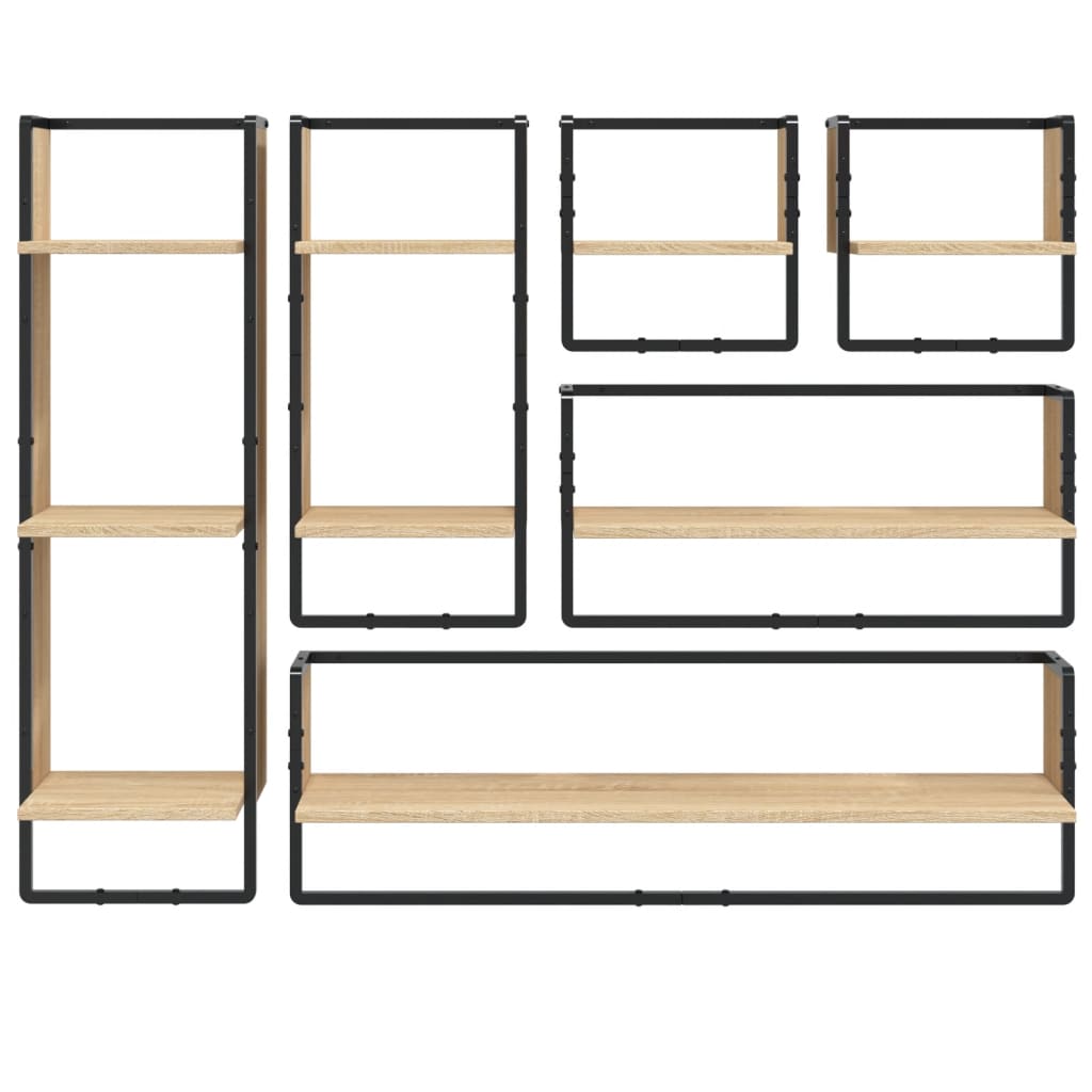 6-delige Wandschappenset met stangen bewerkt hout sonoma eiken is nu te koop bij PeponiXL, paradijselijk wonen!