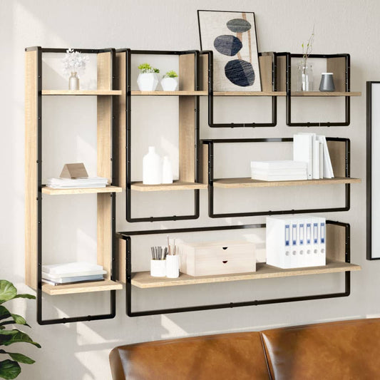 6-delige Wandschappenset met stangen bewerkt hout sonoma eiken is nu te koop bij PeponiXL, paradijselijk wonen!