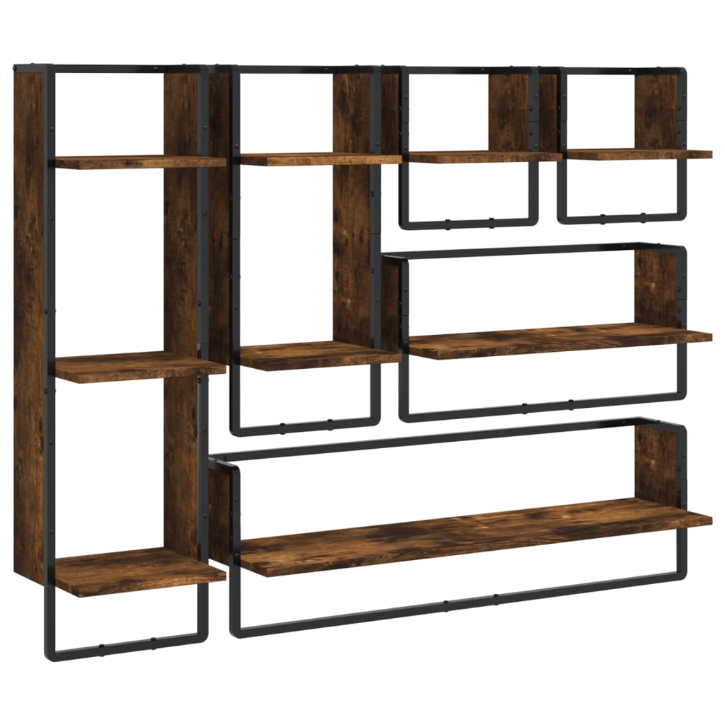 6-delige Wandschappenset met stangen bewerkt hout gerookt eiken is nu te koop bij PeponiXL, paradijselijk wonen!