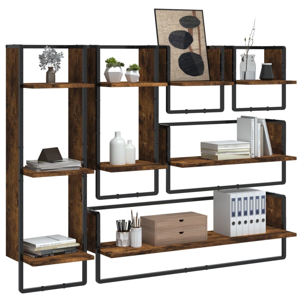 6-delige Wandschappenset met stangen bewerkt hout gerookt eiken is nu te koop bij PeponiXL, paradijselijk wonen!