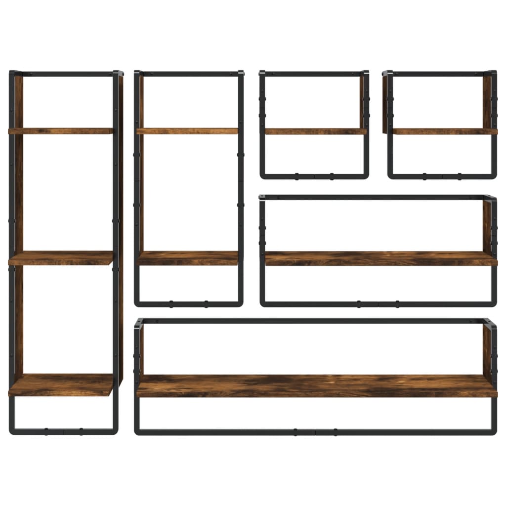 6-delige Wandschappenset met stangen bewerkt hout gerookt eiken is nu te koop bij PeponiXL, paradijselijk wonen!