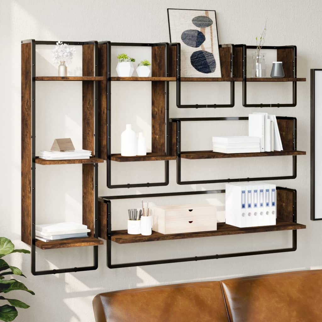 6-delige Wandschappenset met stangen bewerkt hout gerookt eiken is nu te koop bij PeponiXL, paradijselijk wonen!