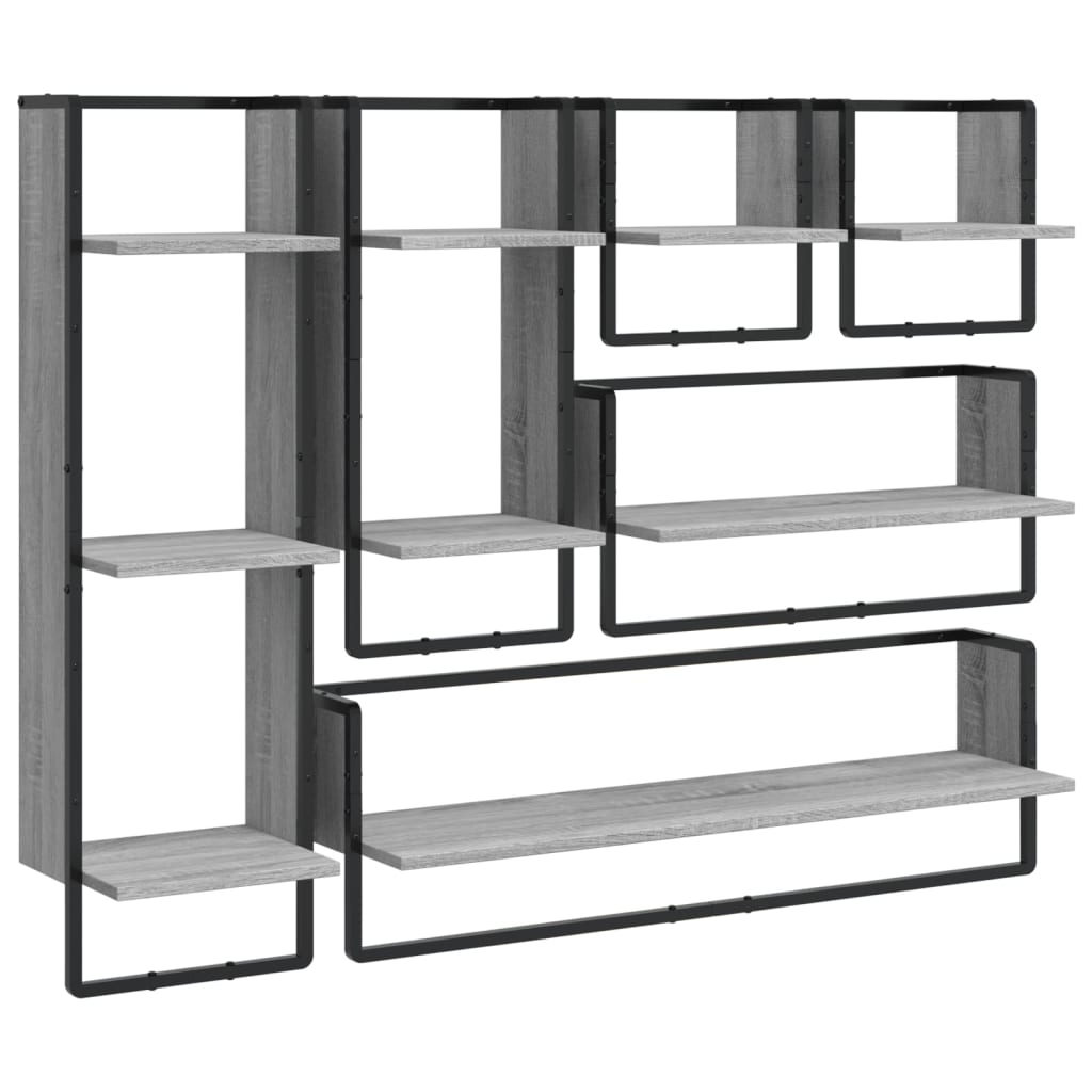 6-delige Wandschappenset met stangen bewerkt hout grijs sonoma is nu te koop bij PeponiXL, paradijselijk wonen!