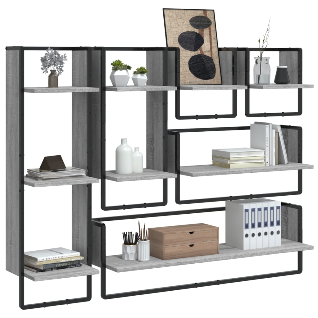 6-delige Wandschappenset met stangen bewerkt hout grijs sonoma is nu te koop bij PeponiXL, paradijselijk wonen!