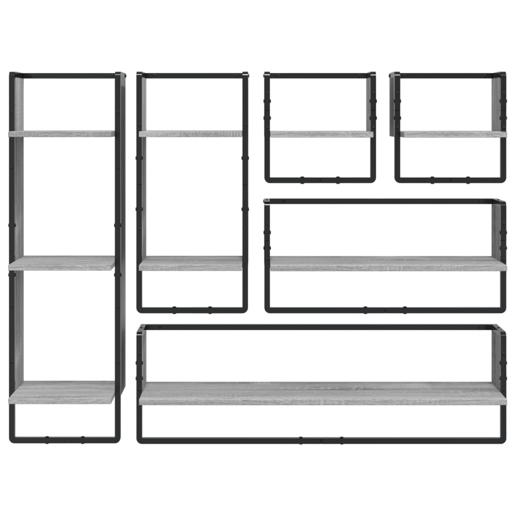 6-delige Wandschappenset met stangen bewerkt hout grijs sonoma is nu te koop bij PeponiXL, paradijselijk wonen!