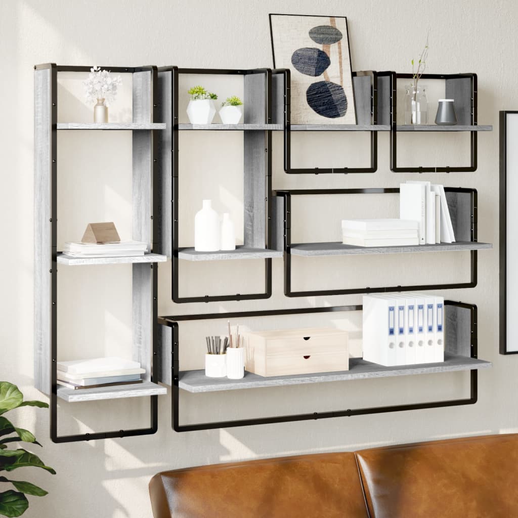 6-delige Wandschappenset met stangen bewerkt hout grijs sonoma is nu te koop bij PeponiXL, paradijselijk wonen!
