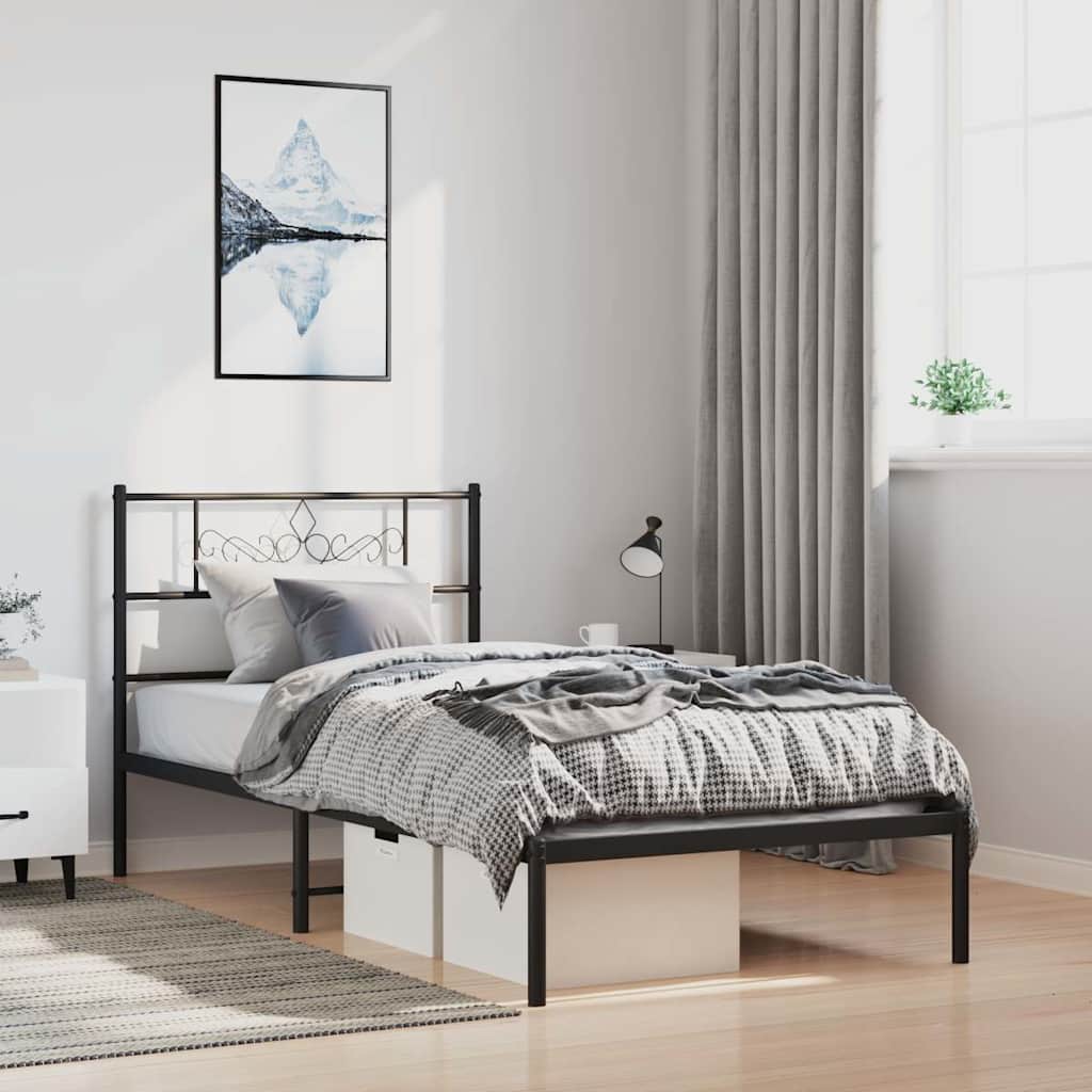 Bedframe met hoofdbord metaal zwart 100x190 cm is nu te koop bij PeponiXL, paradijselijk wonen!