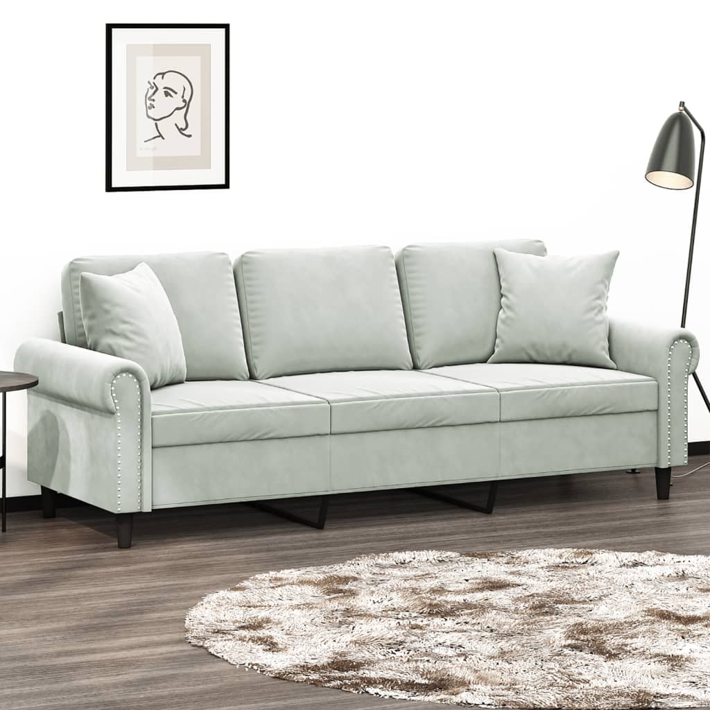 Driezitsbank met sierkussens 180 cm fluweel lichtgrijs is nu te koop bij PeponiXL, paradijselijk wonen!