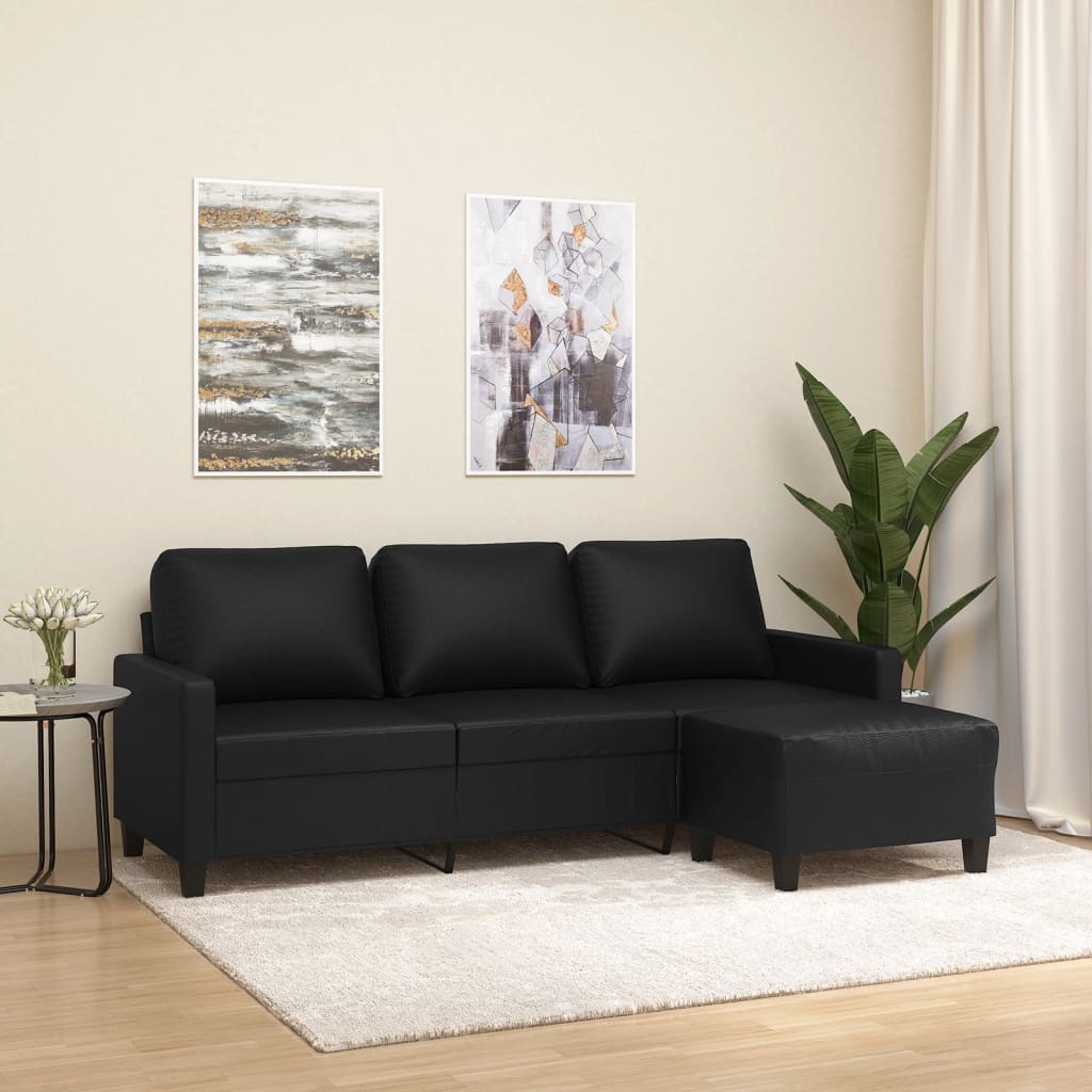 Driezitsbank met voetenbank 180 cm kunstleer zwart is nu te koop bij PeponiXL, paradijselijk wonen!