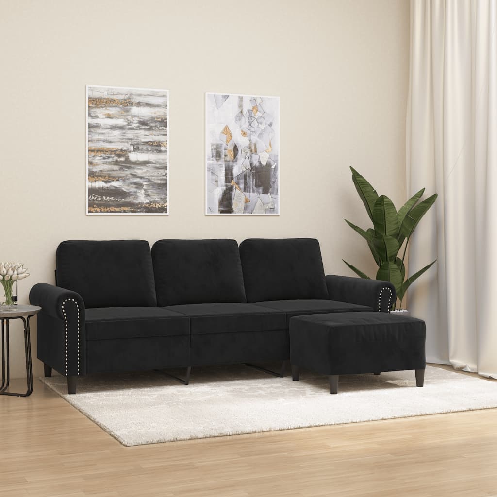 Driezitsbank met voetenbank 180 cm fluweel zwart is nu te koop bij PeponiXL, paradijselijk wonen!