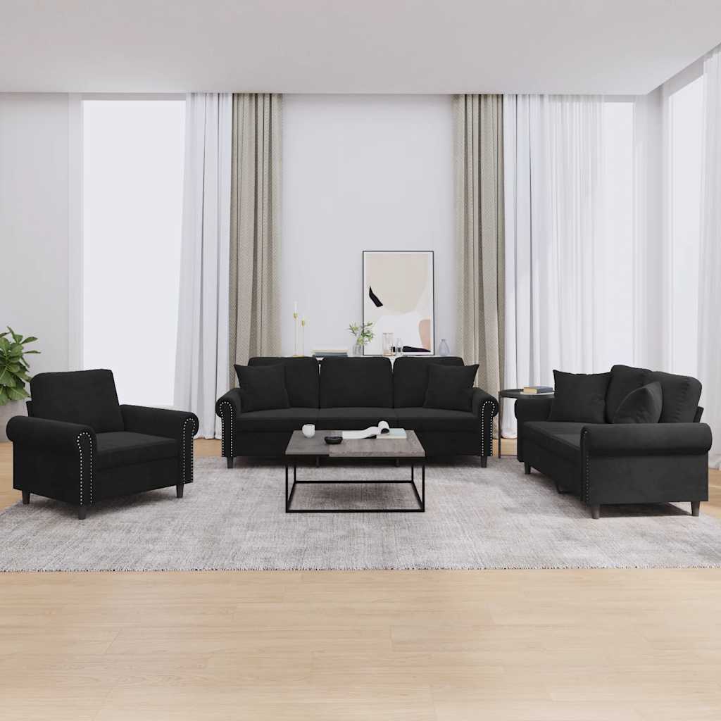 3-delige Loungeset met kussens fluweel zwart is nu te koop bij PeponiXL, paradijselijk wonen!