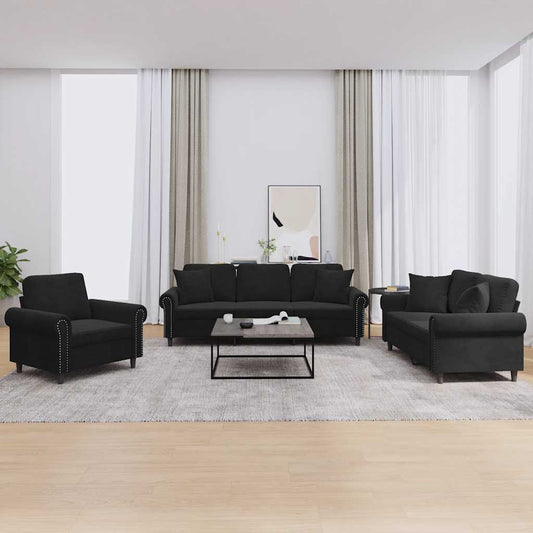 3-delige Loungeset met kussens fluweel zwart is nu te koop bij PeponiXL, paradijselijk wonen!