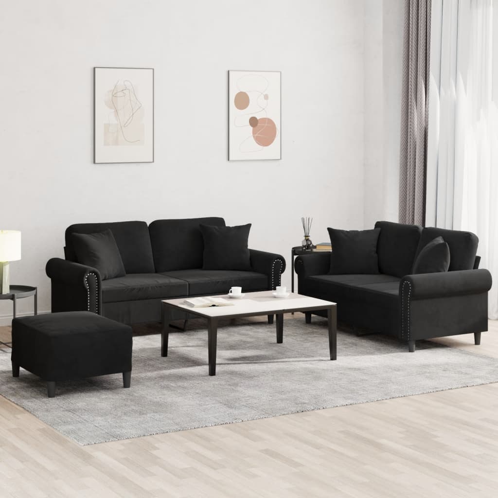 3-delige Loungeset met kussens fluweel zwart is nu te koop bij PeponiXL, paradijselijk wonen!