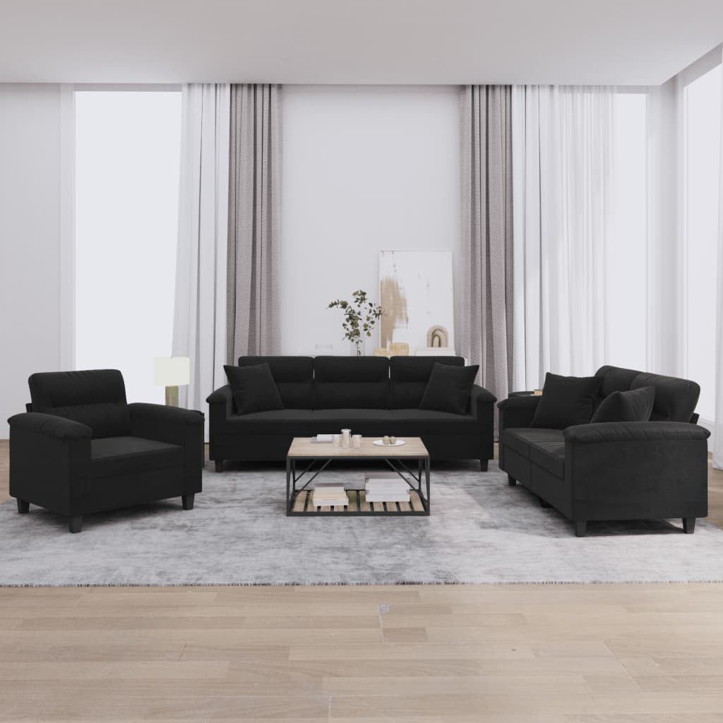 3-delige Loungeset met kussens microvezelstof zwart is nu te koop bij PeponiXL, paradijselijk wonen!