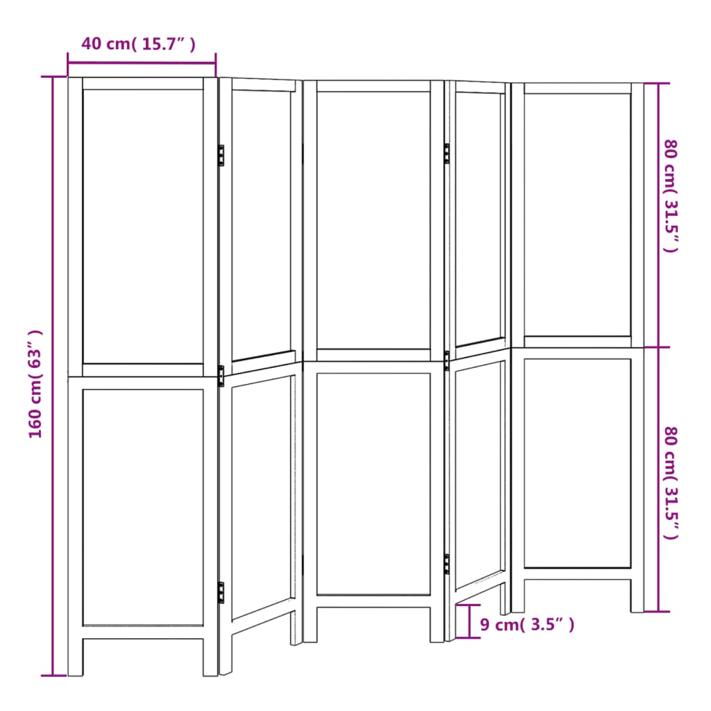 Kamerscherm met 5 panelen massief paulowniahout donkerbruin is nu te koop bij PeponiXL, paradijselijk wonen!