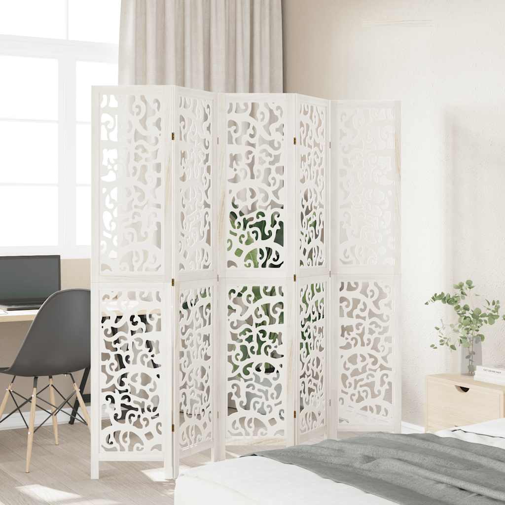 Kamerscherm met 5 panelen massief paulowniahout wit is nu te koop bij PeponiXL, paradijselijk wonen!
