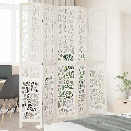 Kamerscherm met 5 panelen massief paulowniahout wit is nu te koop bij PeponiXL, paradijselijk wonen!