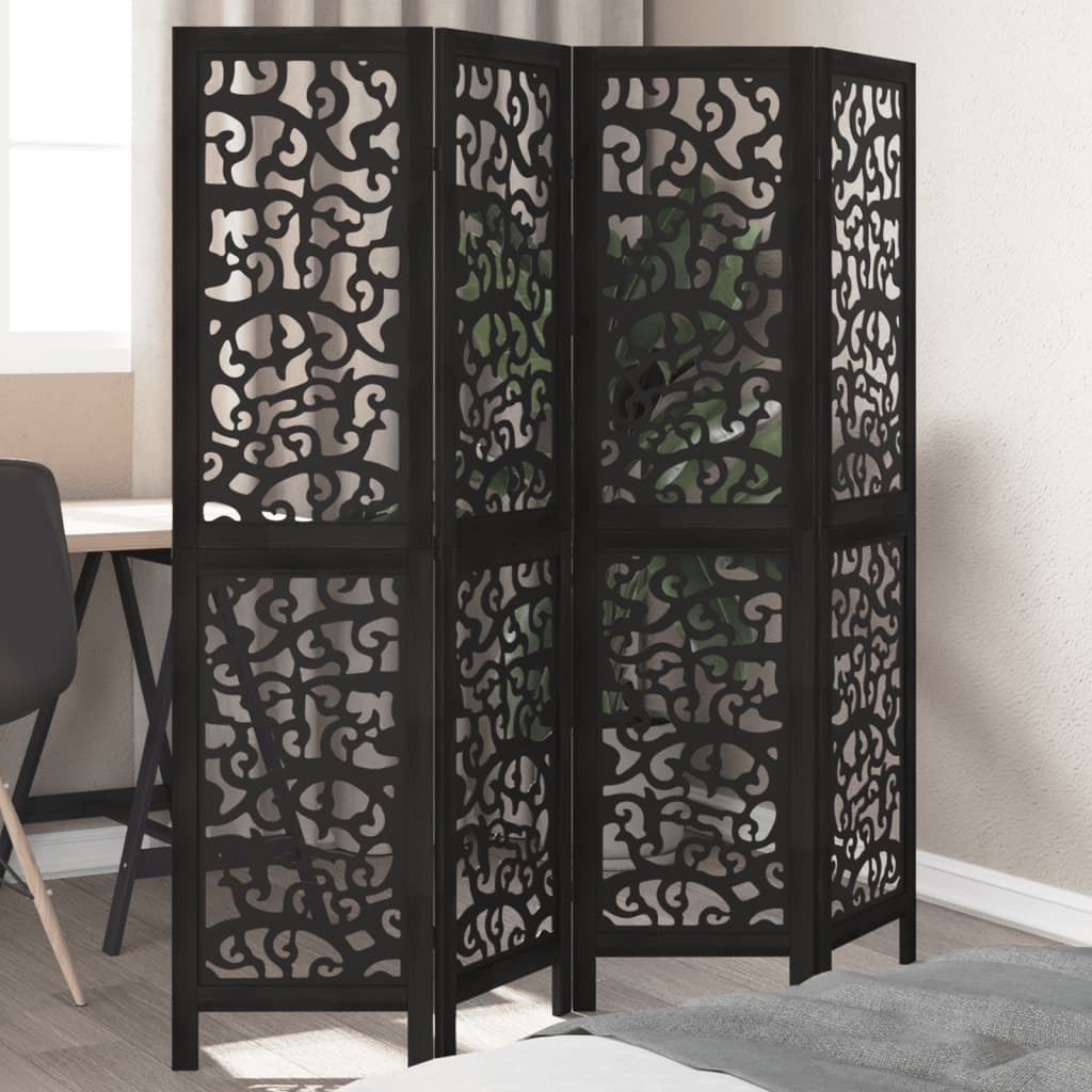 Kamerscherm met 4 panelen massief paulowniahout zwart is nu te koop bij PeponiXL, paradijselijk wonen!