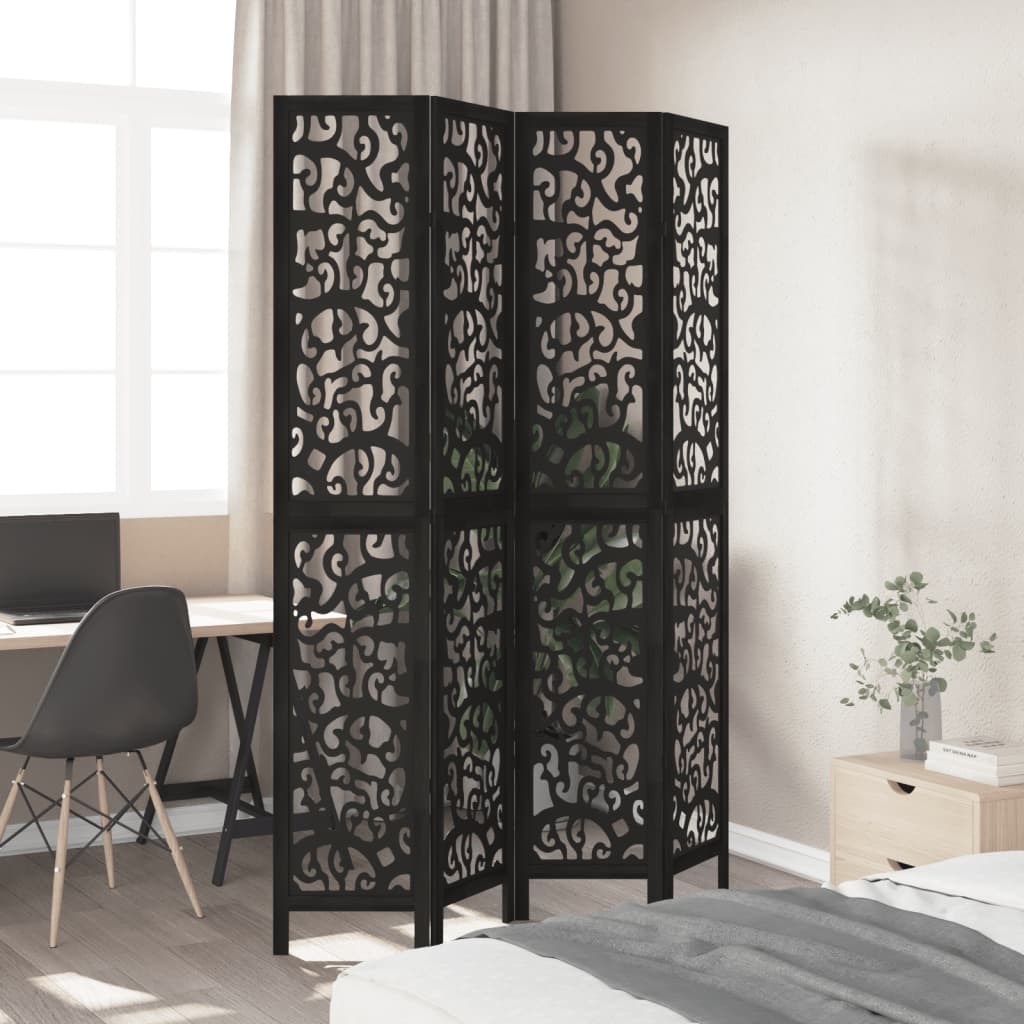 Kamerscherm met 4 panelen massief paulowniahout zwart is nu te koop bij PeponiXL, paradijselijk wonen!