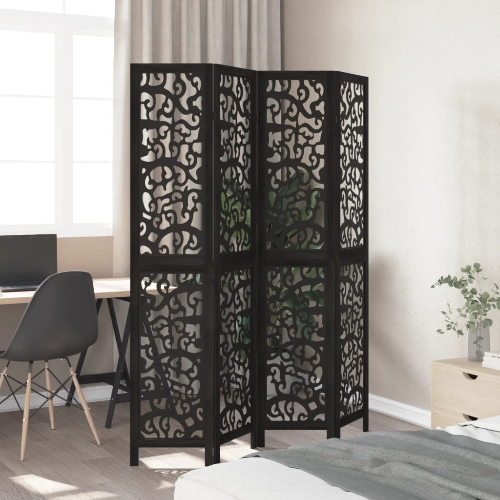 Kamerscherm met 4 panelen massief paulowniahout zwart is nu te koop bij PeponiXL, paradijselijk wonen!