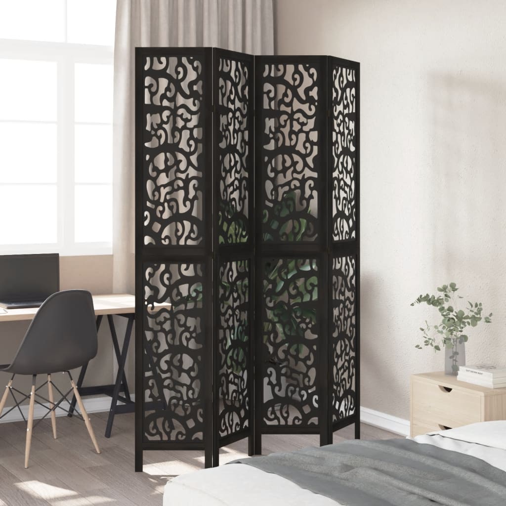 Kamerscherm met 4 panelen massief paulowniahout zwart is nu te koop bij PeponiXL, paradijselijk wonen!