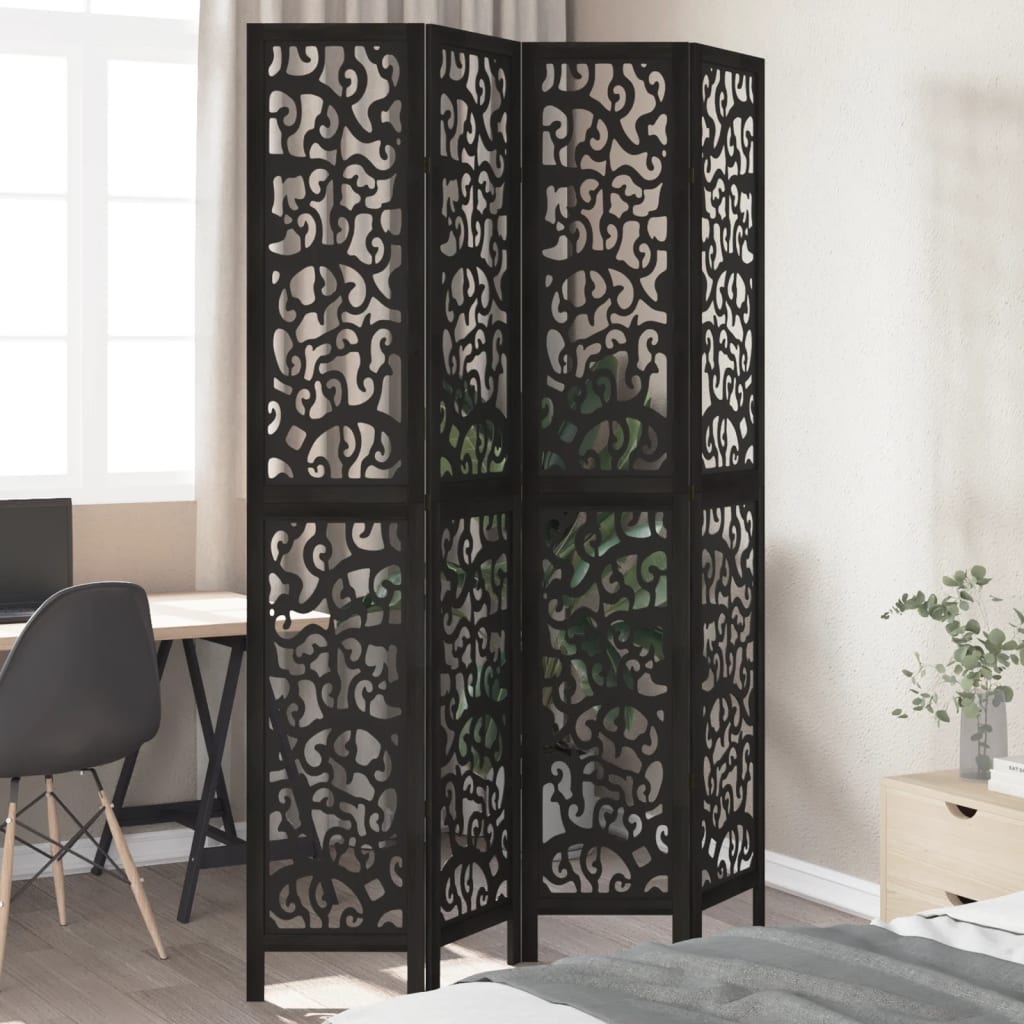 Kamerscherm met 4 panelen massief paulowniahout zwart is nu te koop bij PeponiXL, paradijselijk wonen!