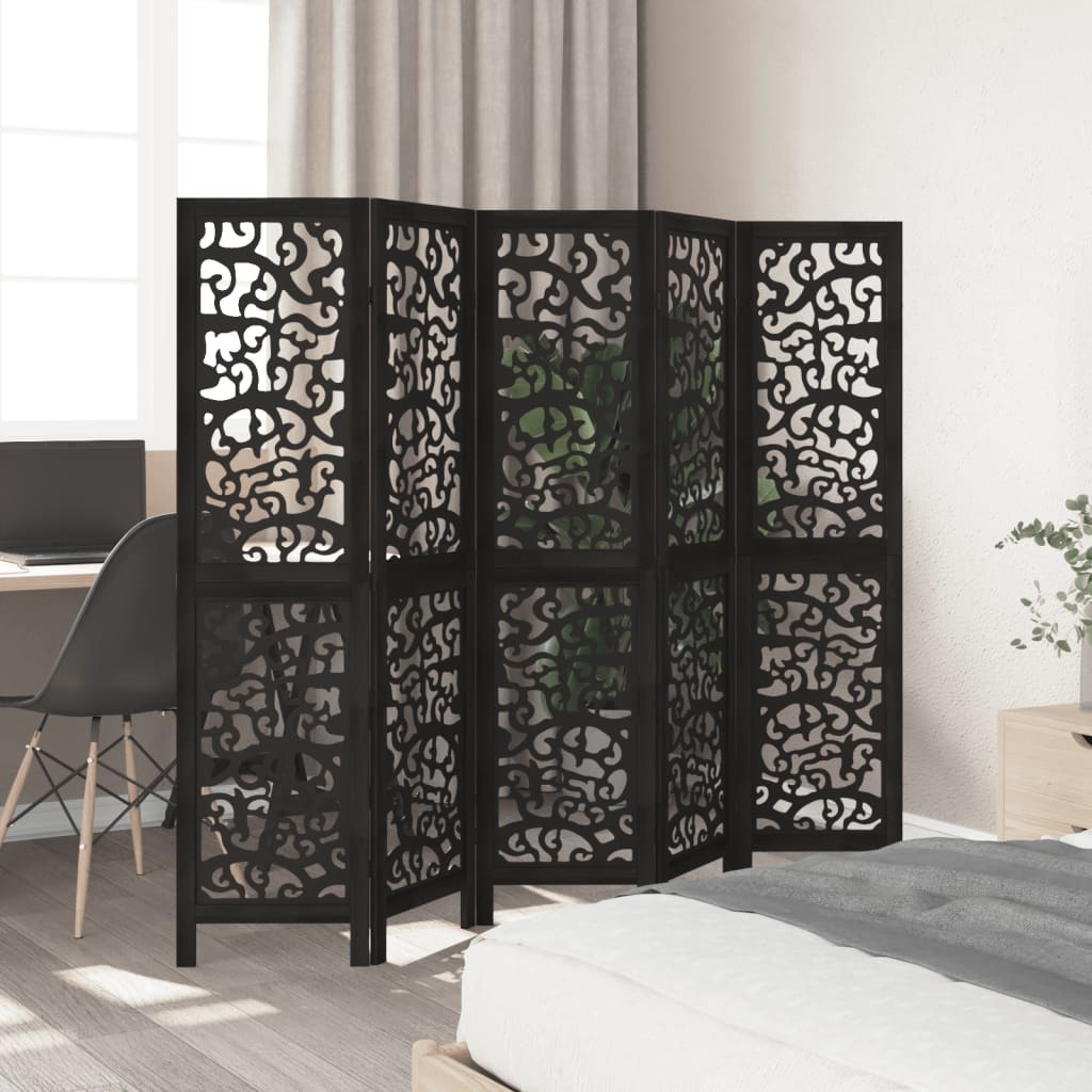 Kamerscherm met 5 panelen massief paulowniahout zwart is nu te koop bij PeponiXL, paradijselijk wonen!