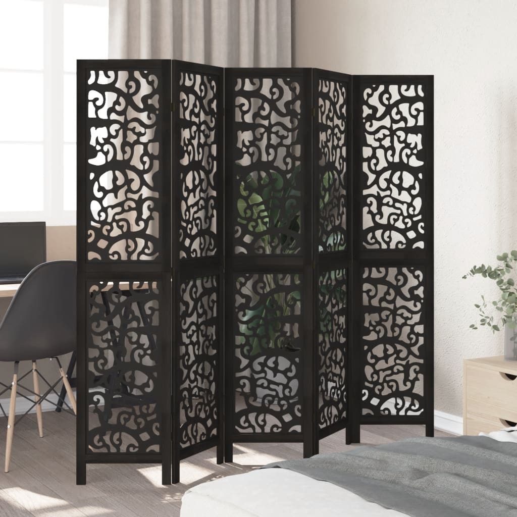 Kamerscherm met 5 panelen massief paulowniahout zwart is nu te koop bij PeponiXL, paradijselijk wonen!