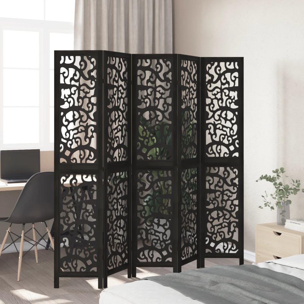 Kamerscherm met 5 panelen massief paulowniahout zwart is nu te koop bij PeponiXL, paradijselijk wonen!