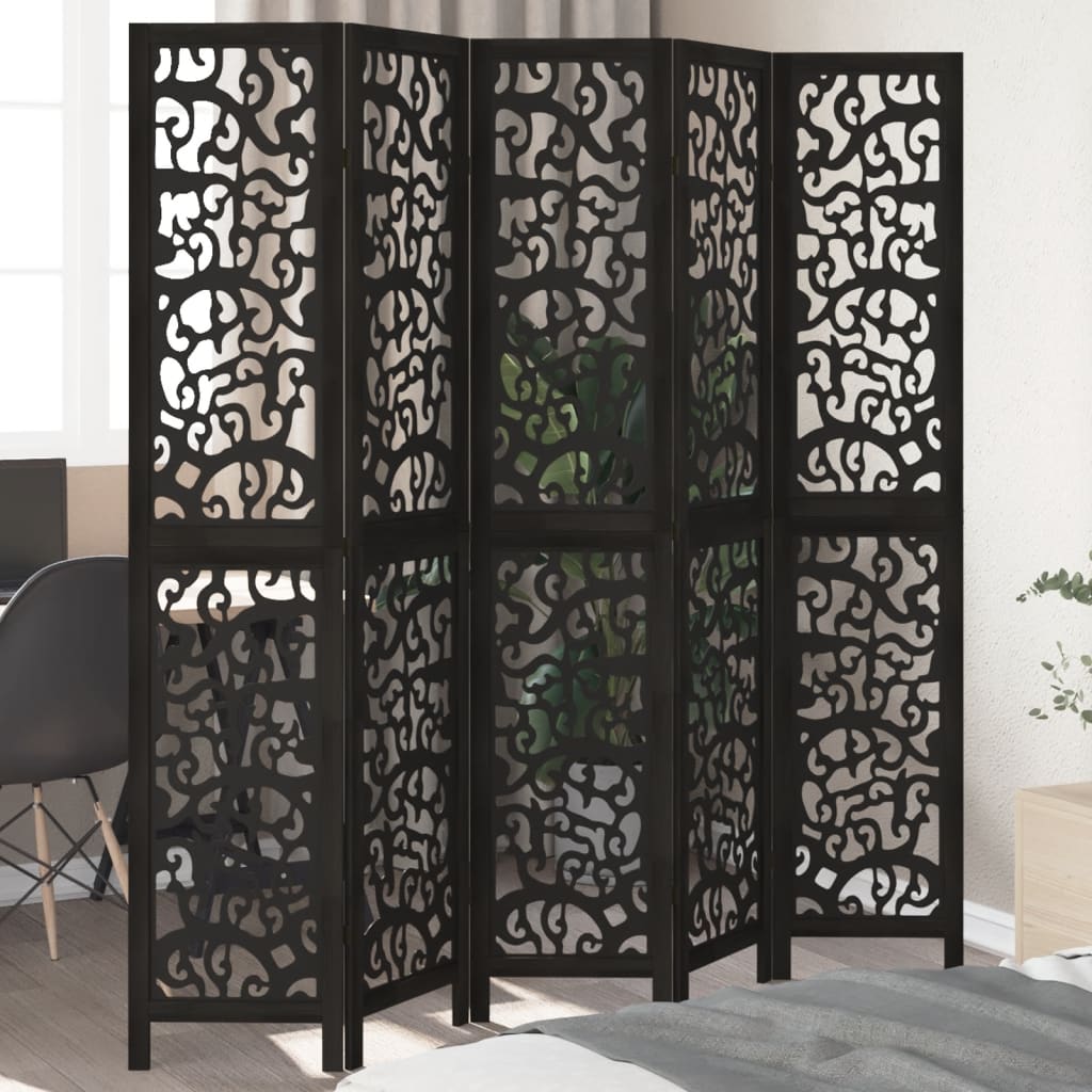 Kamerscherm met 5 panelen massief paulowniahout zwart is nu te koop bij PeponiXL, paradijselijk wonen!
