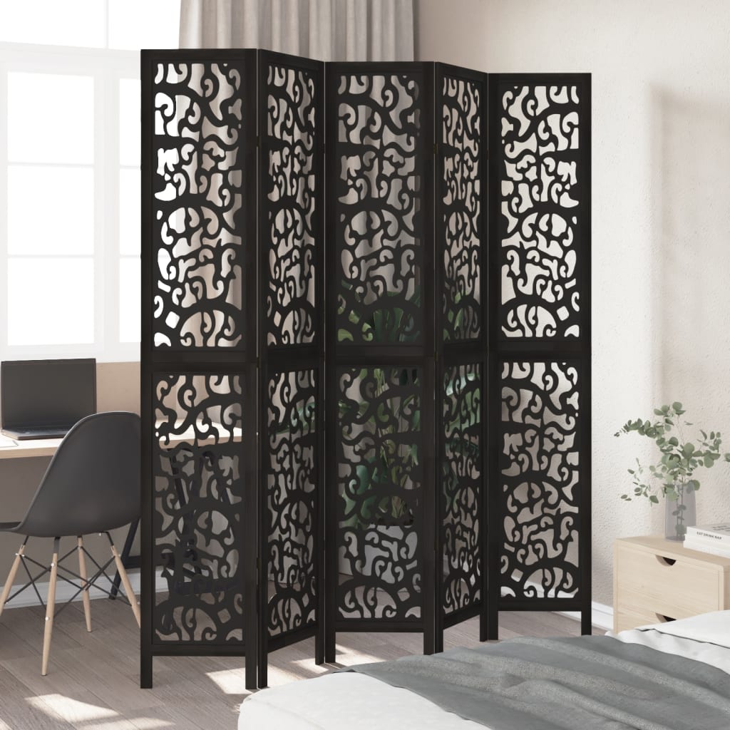 Kamerscherm met 5 panelen massief paulowniahout zwart is nu te koop bij PeponiXL, paradijselijk wonen!