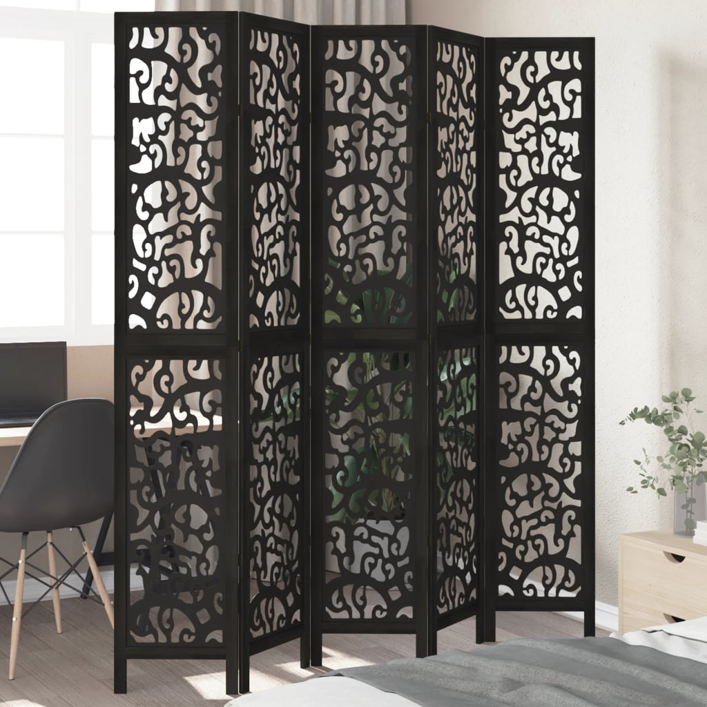 Kamerscherm met 5 panelen massief paulowniahout zwart is nu te koop bij PeponiXL, paradijselijk wonen!