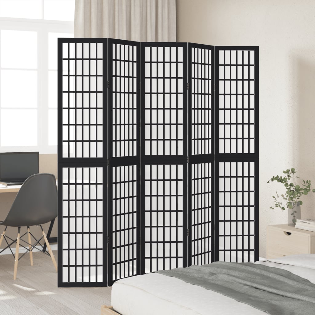Kamerscherm met 5 panelen massief paulowniahout zwart is nu te koop bij PeponiXL, paradijselijk wonen!
