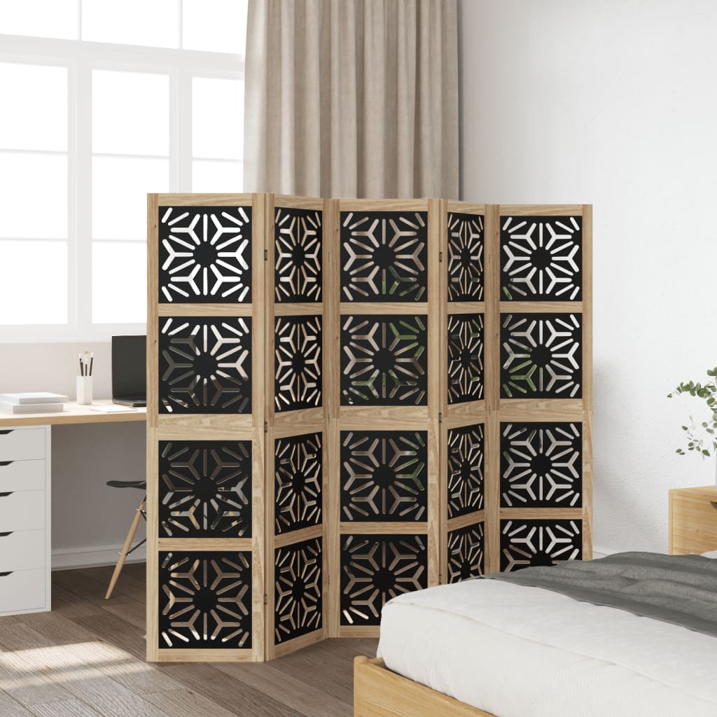 Kamerscherm met 5 panelen massief paulowniahout bruin en zwart is nu te koop bij PeponiXL, paradijselijk wonen!