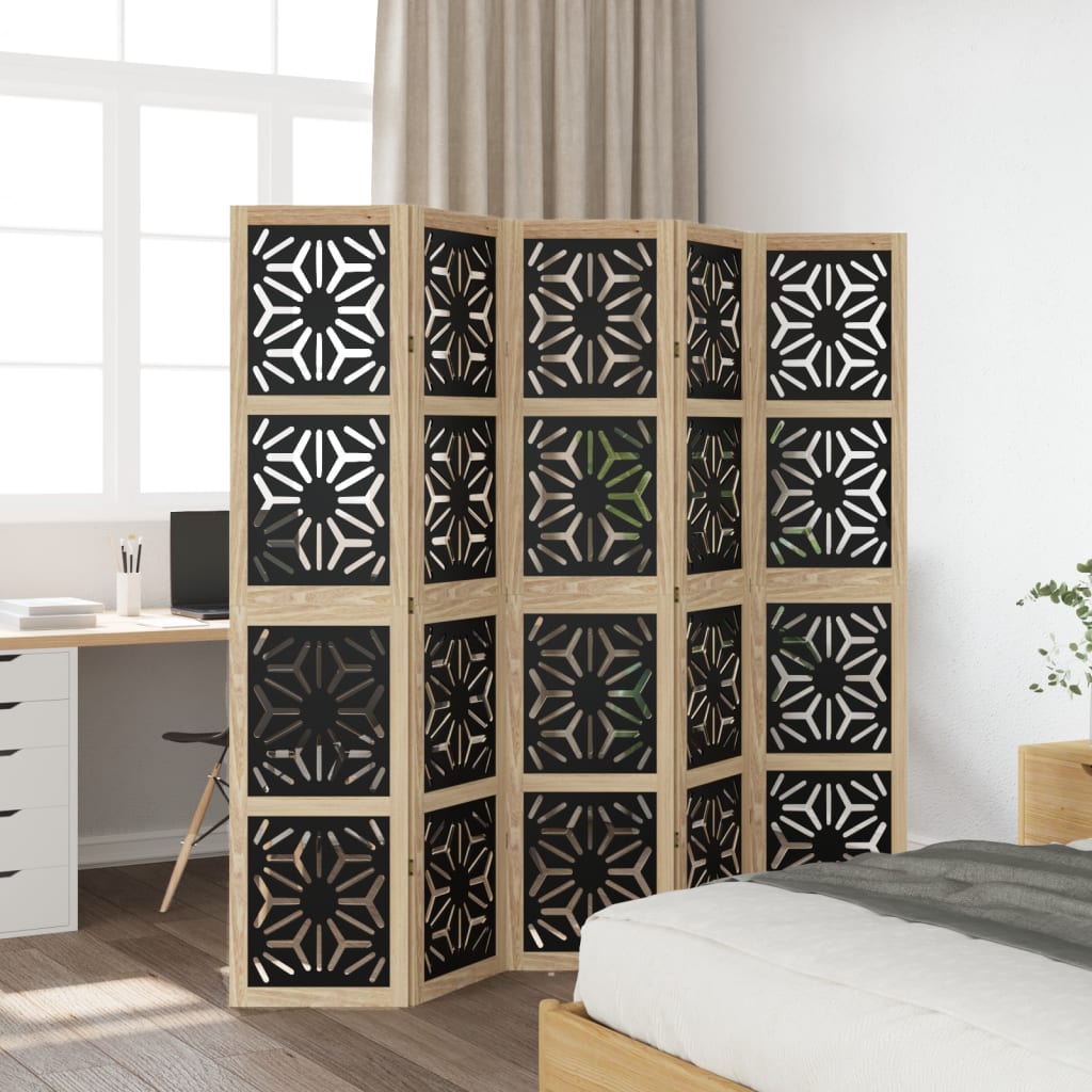 Kamerscherm met 5 panelen massief paulowniahout bruin en zwart is nu te koop bij PeponiXL, paradijselijk wonen!
