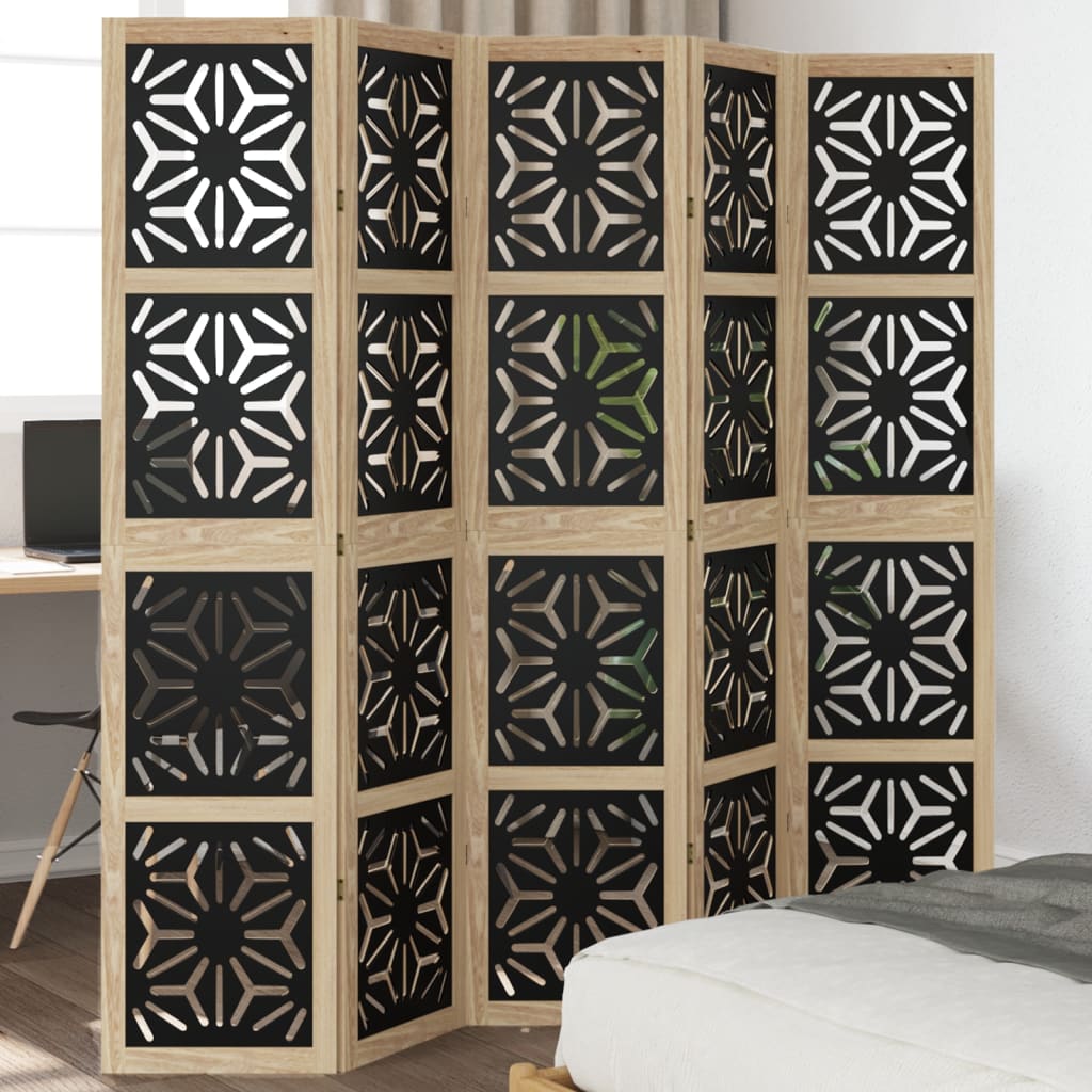 Kamerscherm met 5 panelen massief paulowniahout bruin en zwart is nu te koop bij PeponiXL, paradijselijk wonen!