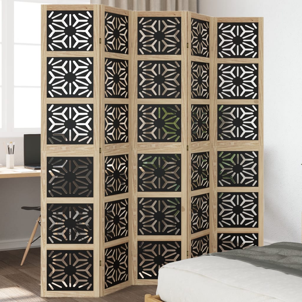 Kamerscherm met 5 panelen massief paulowniahout bruin en zwart is nu te koop bij PeponiXL, paradijselijk wonen!