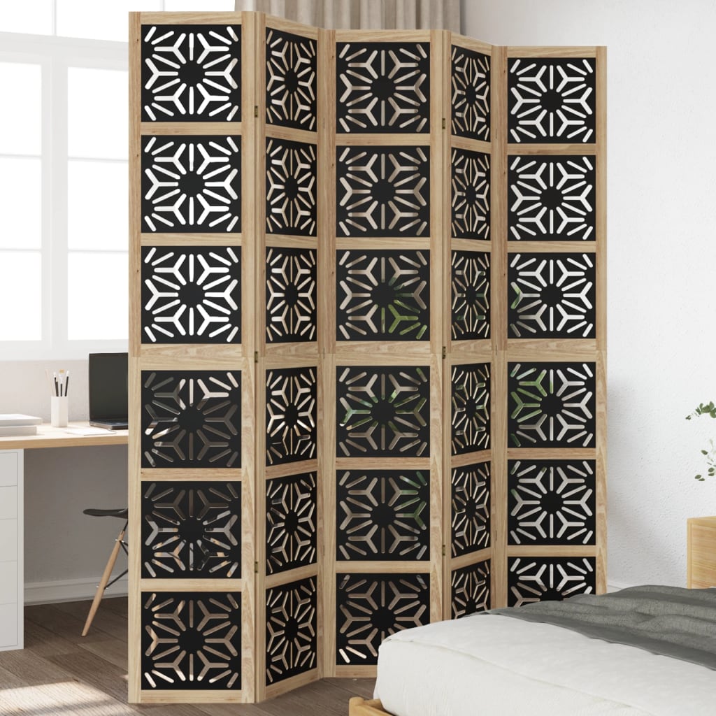 Kamerscherm met 5 panelen massief paulowniahout bruin en zwart is nu te koop bij PeponiXL, paradijselijk wonen!
