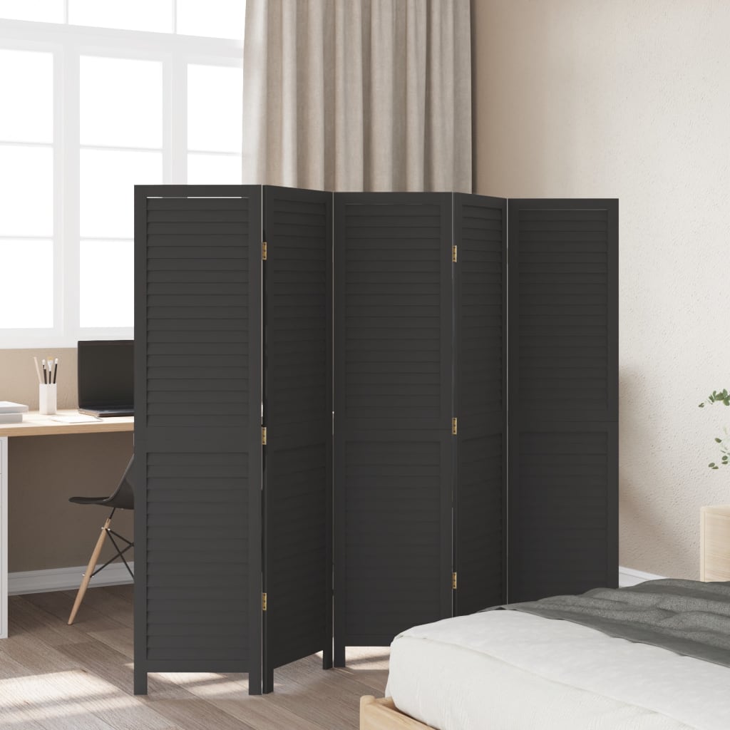 Kamerscherm met 5 panelen massief paulowniahout zwart is nu te koop bij PeponiXL, paradijselijk wonen!