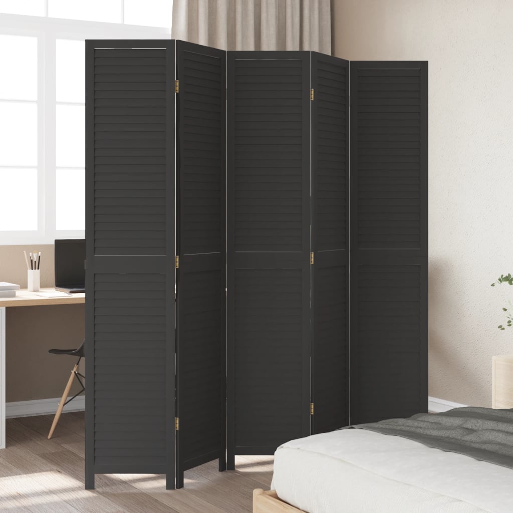 Kamerscherm met 5 panelen massief paulowniahout zwart is nu te koop bij PeponiXL, paradijselijk wonen!