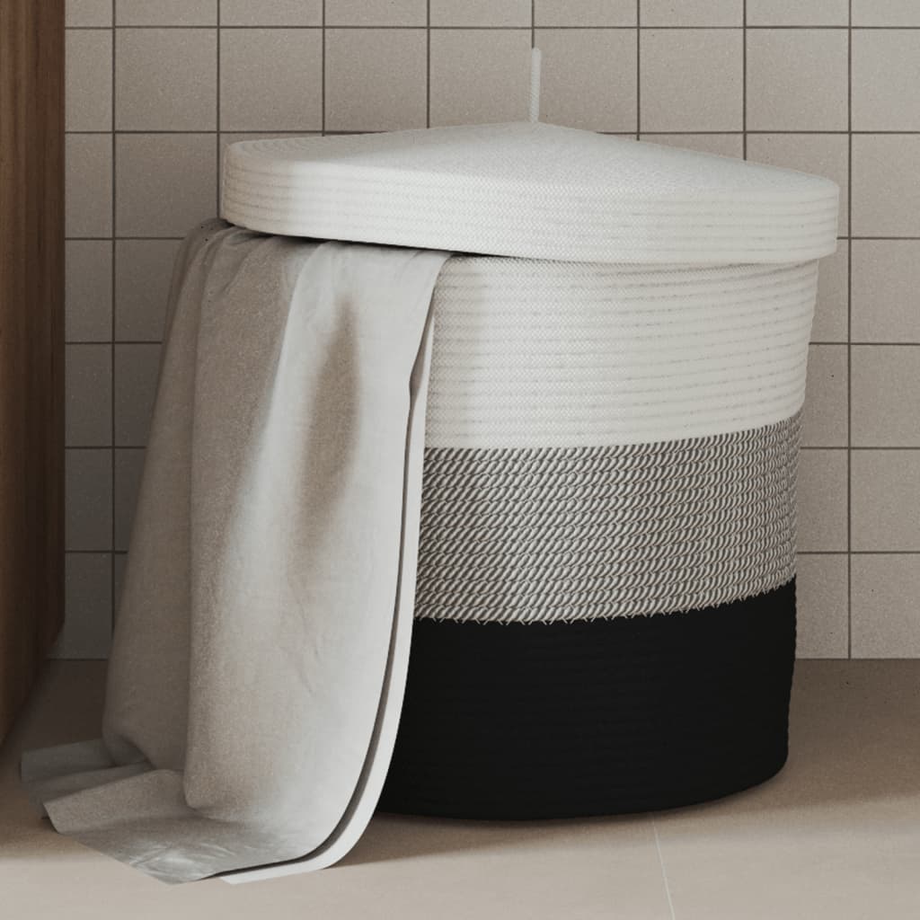 Opbergmand met deksel Ø 40x35 cm katoen wit en zwart is nu te koop bij PeponiXL, paradijselijk wonen!